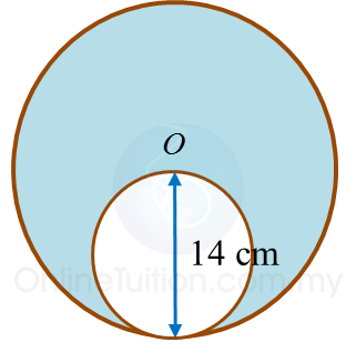 The smaller circle passes through O and touches the bigger circle. 